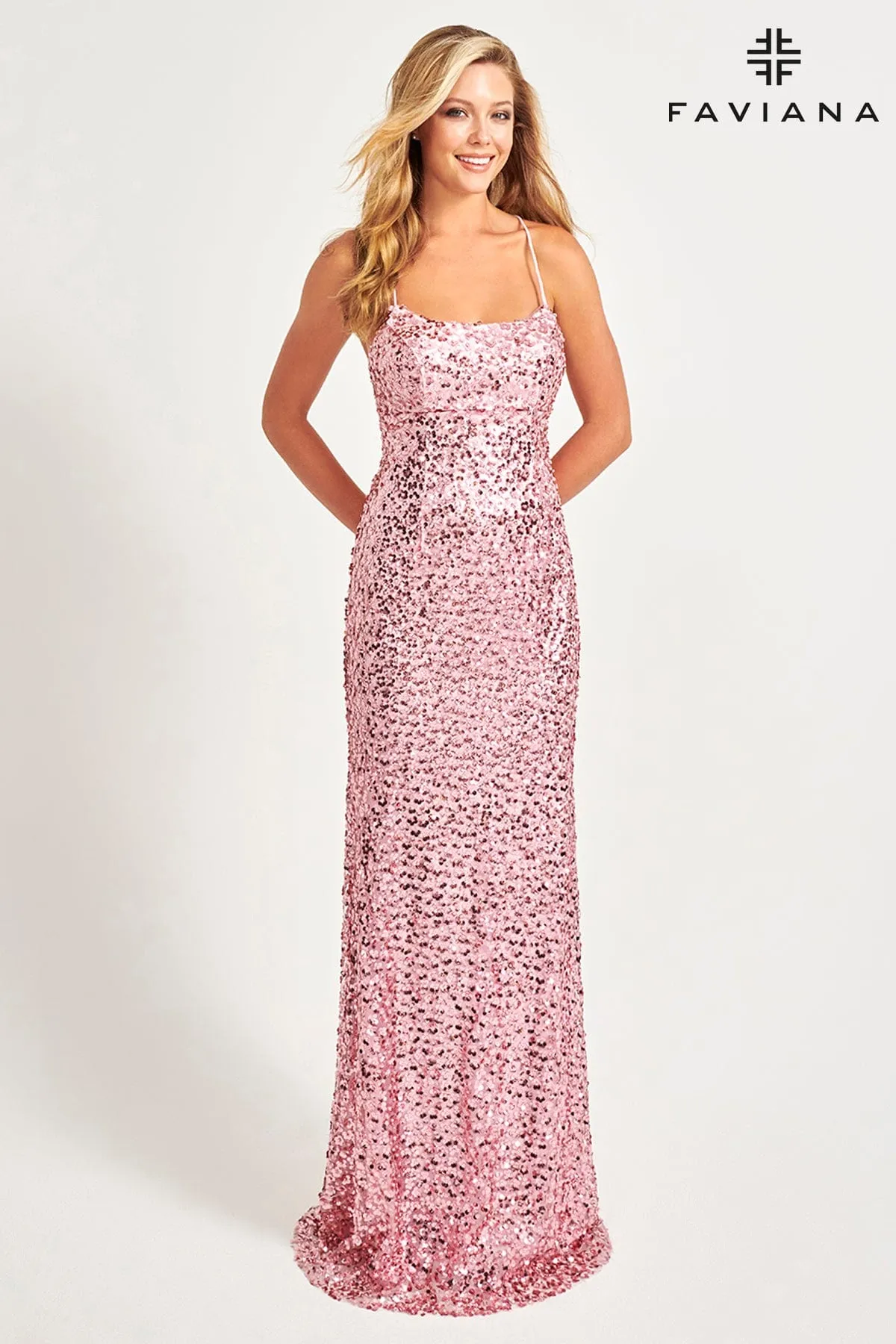Faviana 11033 Long Formal Sequin Metallic Prom Dress