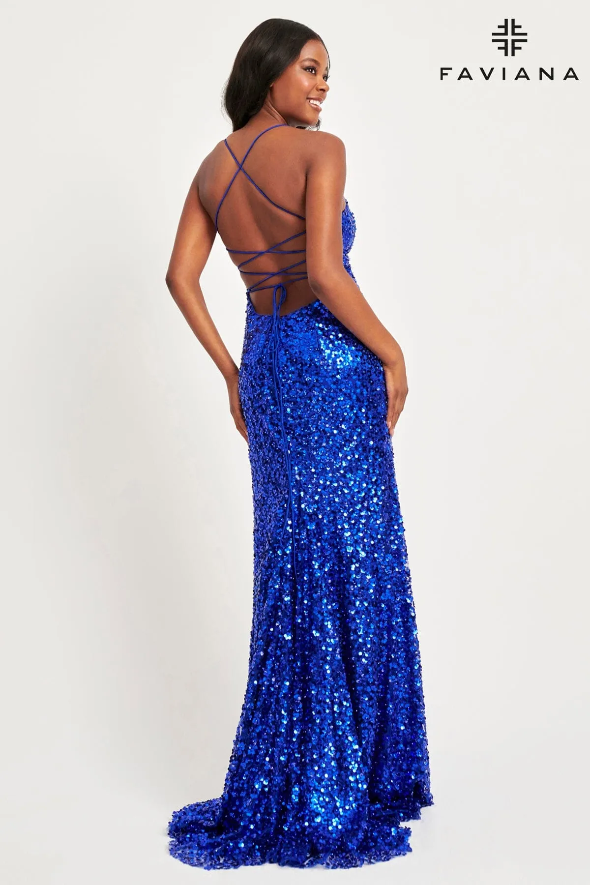 Faviana 11033 Long Formal Sequin Metallic Prom Dress