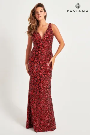 Faviana 11038 Sequin Long Formal Floral Pattern Evening Prom Dress