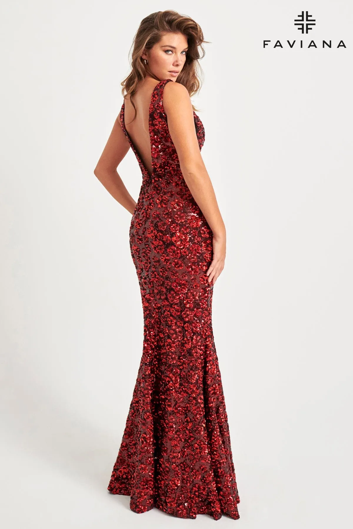 Faviana 11038 Sequin Long Formal Floral Pattern Evening Prom Dress
