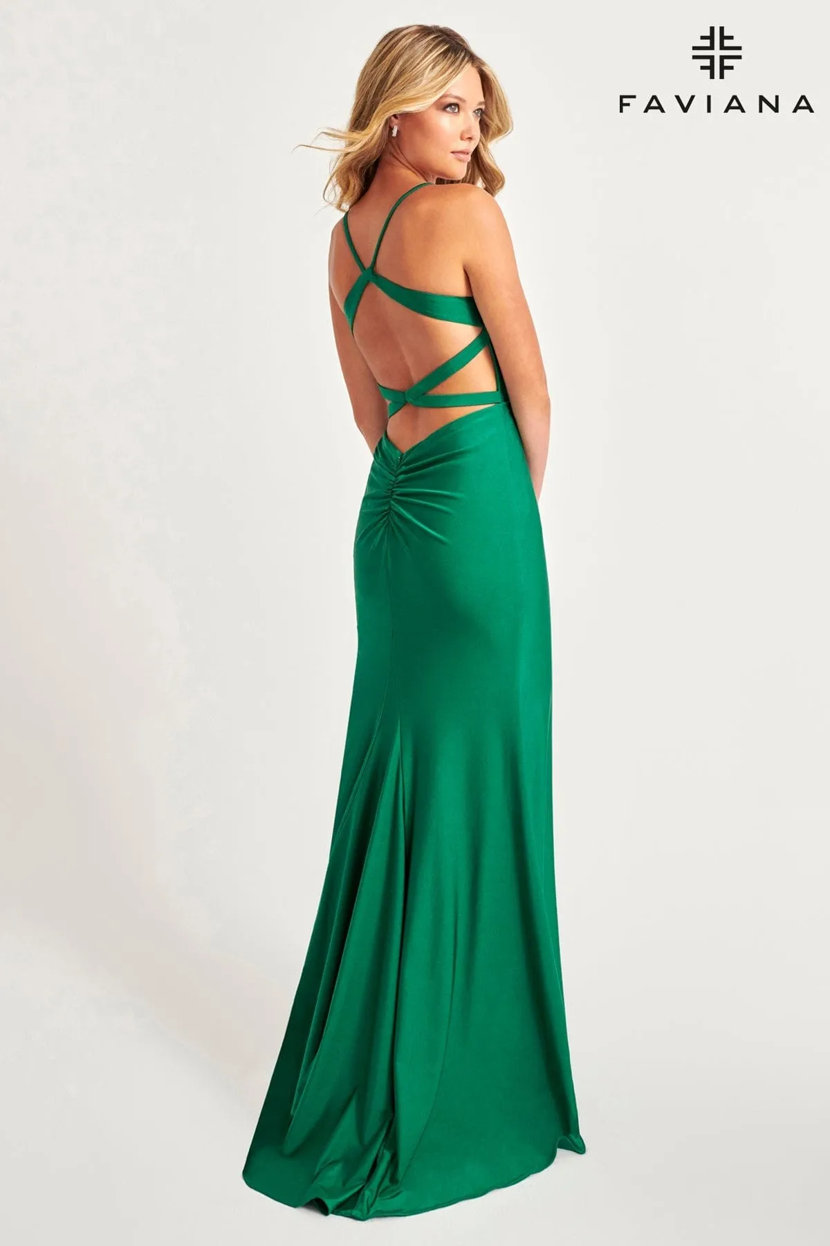 Faviana 11045 Formal Long Ruched Slit Evening Prom Dress