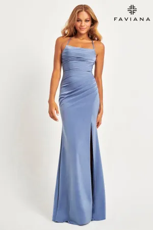 Faviana 11064 Fitted Long Formal Prom Slit Pleated Dress