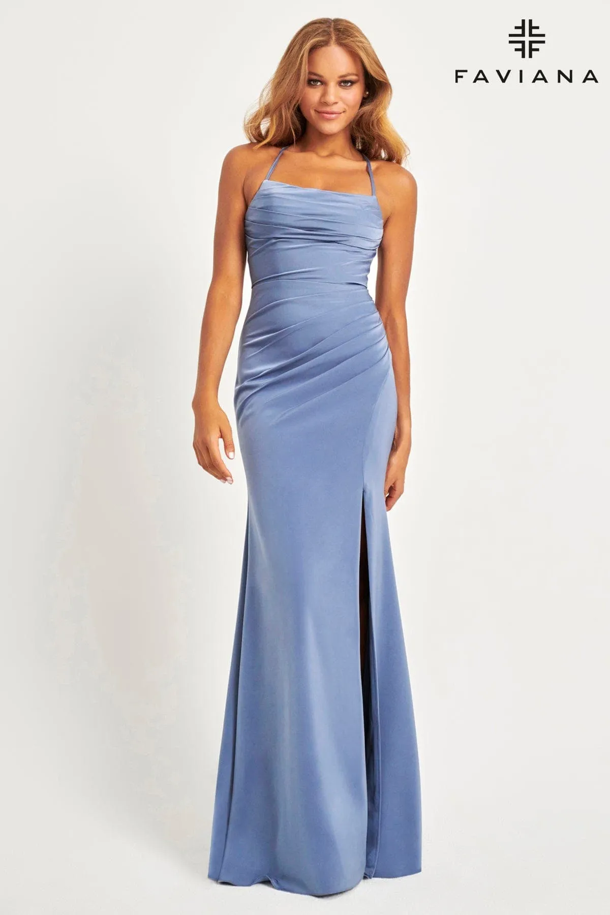 Faviana 11064 Fitted Long Formal Prom Slit Pleated Dress