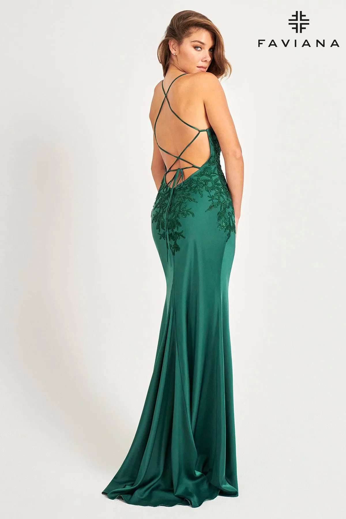 Faviana 11070 Long Lace Applique Formal Slit Prom Dress