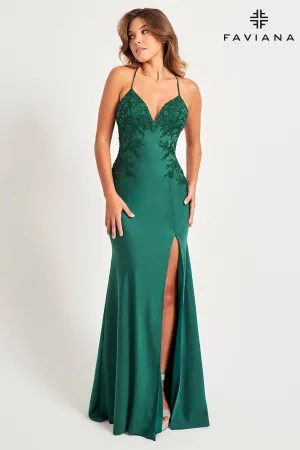 Faviana 11070 Long Lace Applique Formal Slit Prom Dress