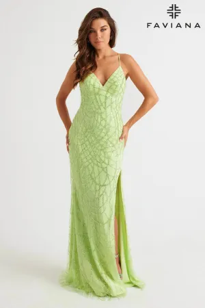 Faviana 11084 Long Prom Beaded Slit Formal Dress