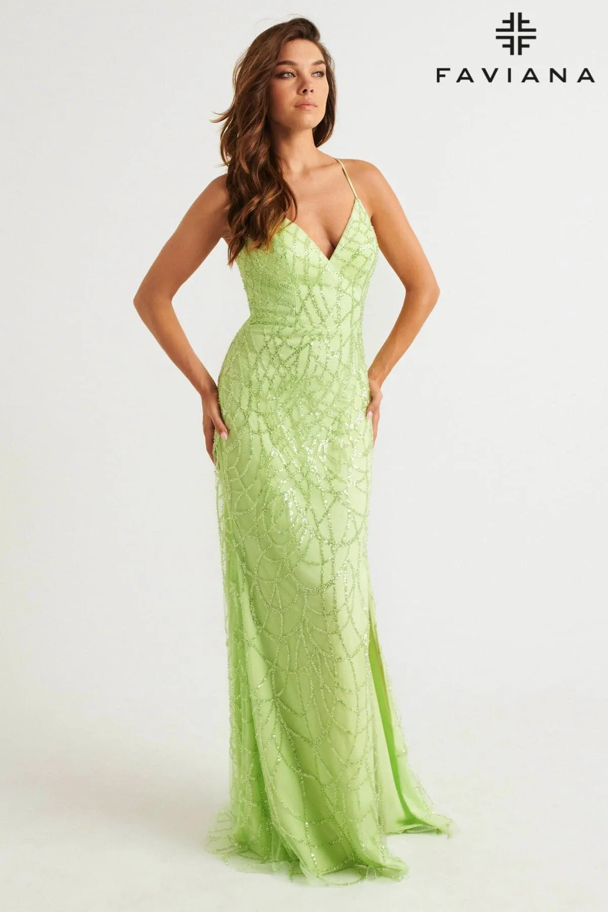Faviana 11084 Long Prom Beaded Slit Formal Dress