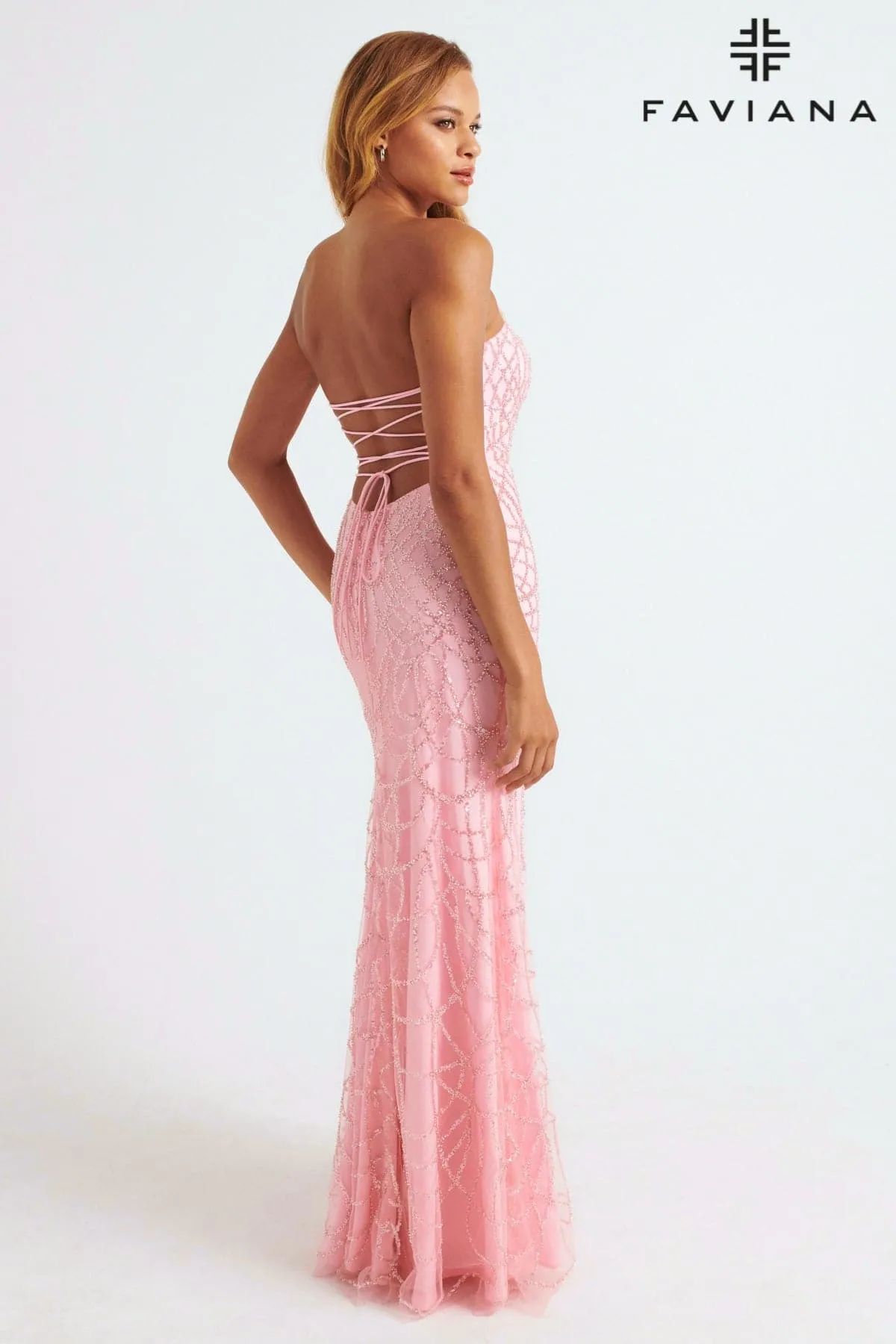 Faviana 11085 Beaded Applique Long Formal Lace Prom Dress
