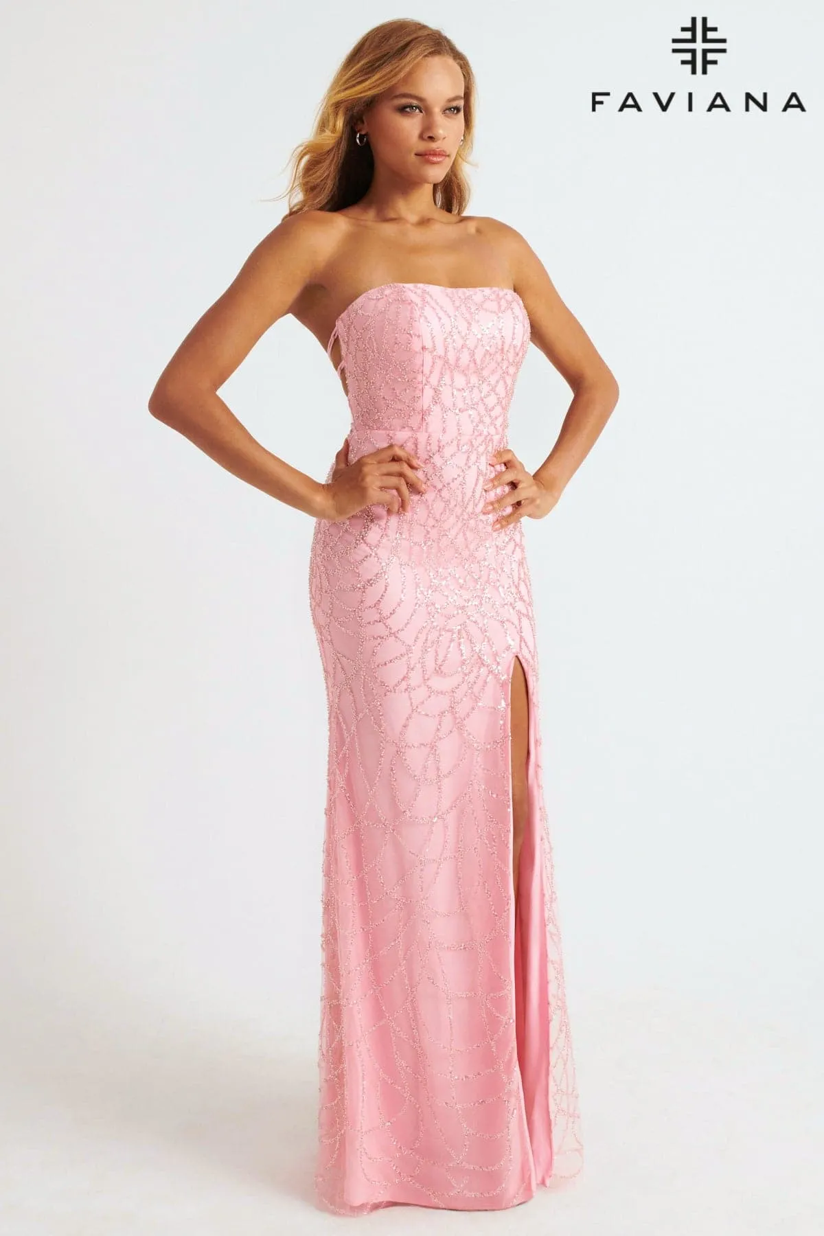 Faviana 11085 Beaded Applique Long Formal Lace Prom Dress