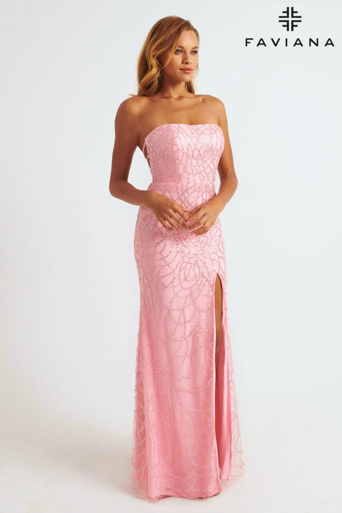 Faviana 11085 Beaded Applique Long Formal Lace Prom Dress