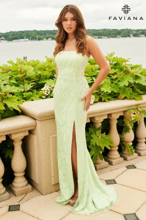 Faviana 11085 Beaded Applique Long Formal Lace Prom Dress