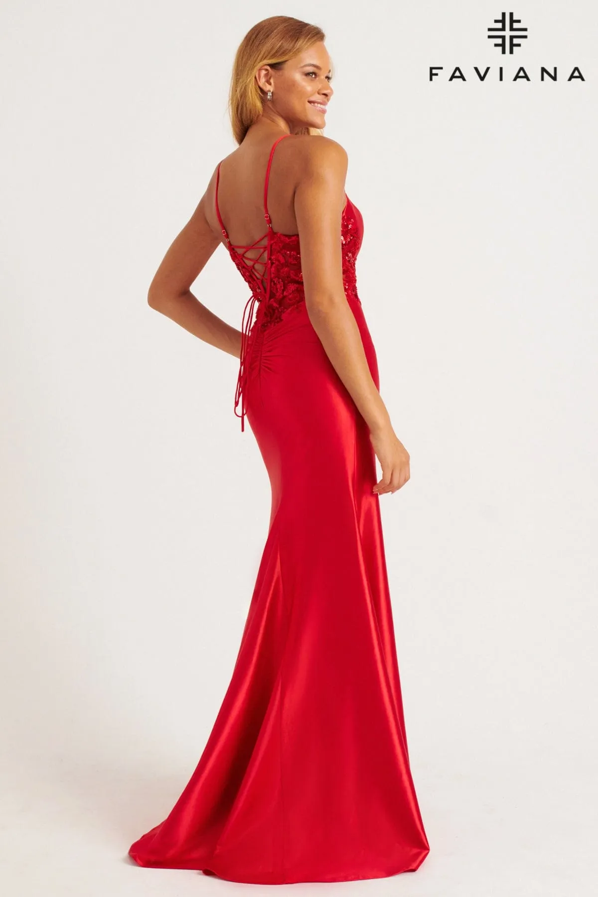 Faviana 11205 Beaded Applique Long Slit Formal Prom Dress