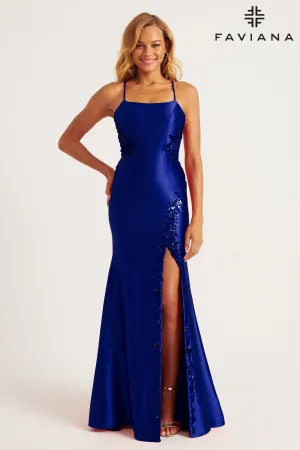 Faviana 11205 Beaded Applique Long Slit Formal Prom Dress