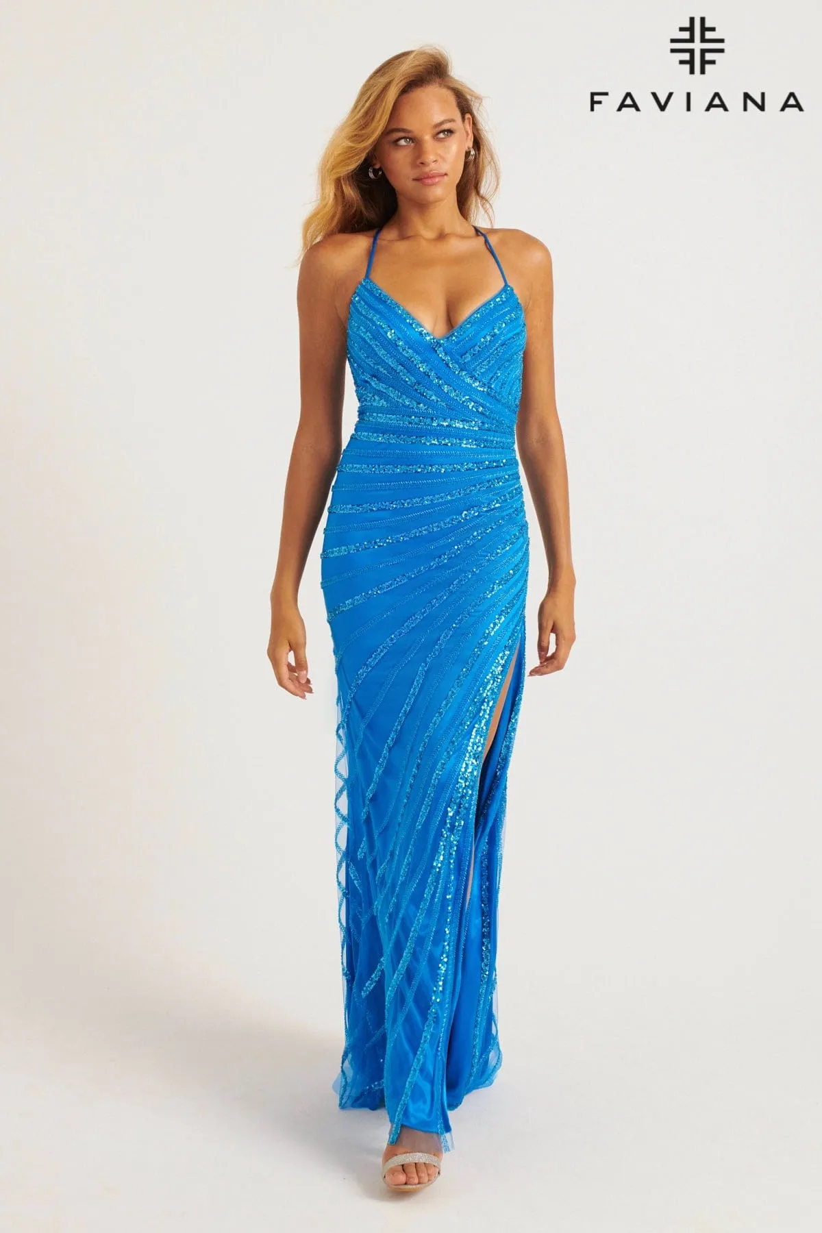 Faviana 11242 Beaded Long Slit Formal Fitted Prom Dress