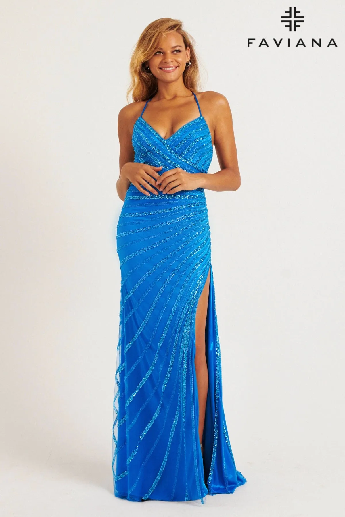 Faviana 11242 Beaded Long Slit Formal Fitted Prom Dress