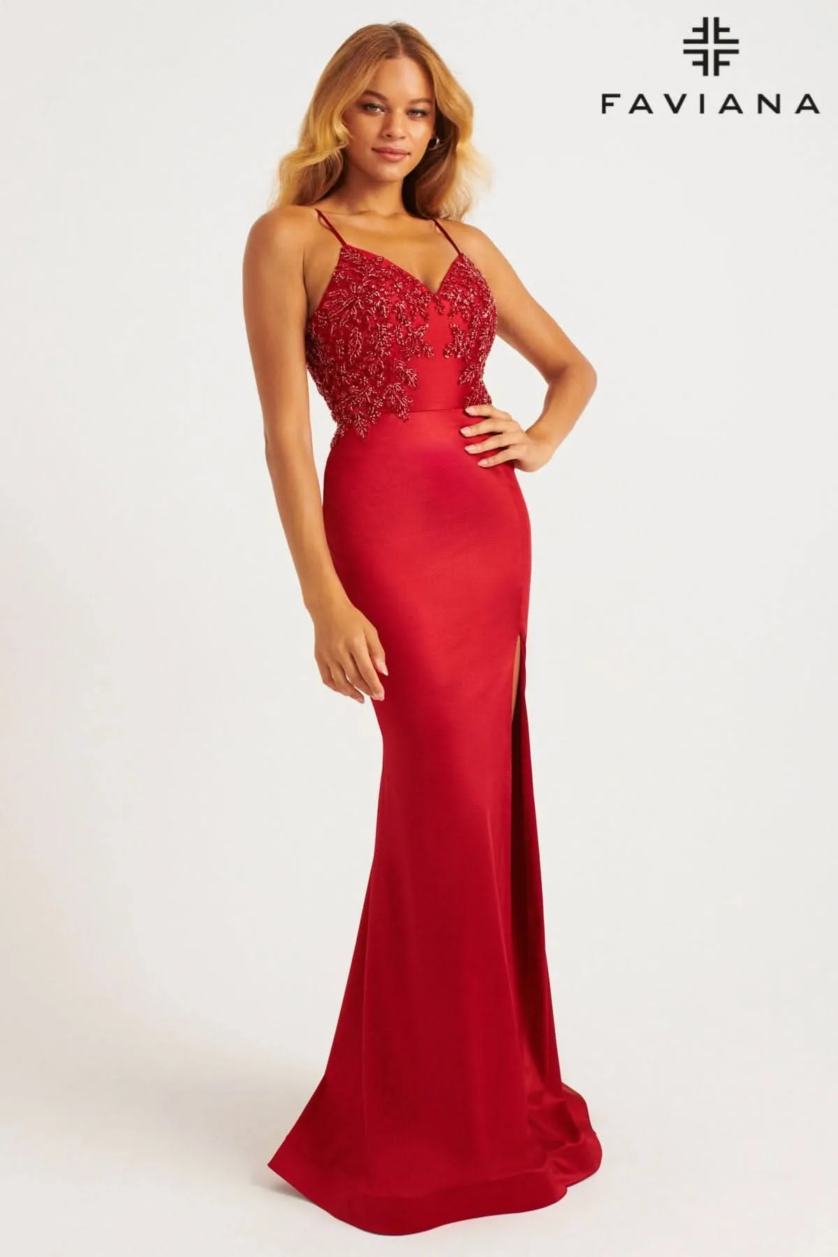 Faviana 11256 Fitted Slit Long Formal Beaded Prom Dress