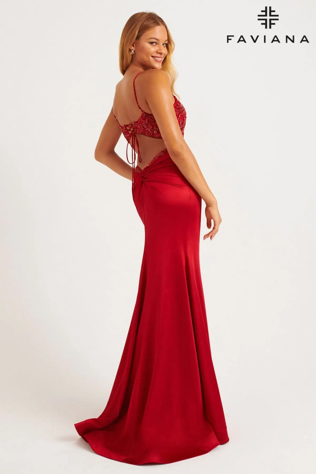 Faviana 11256 Fitted Slit Long Formal Beaded Prom Dress