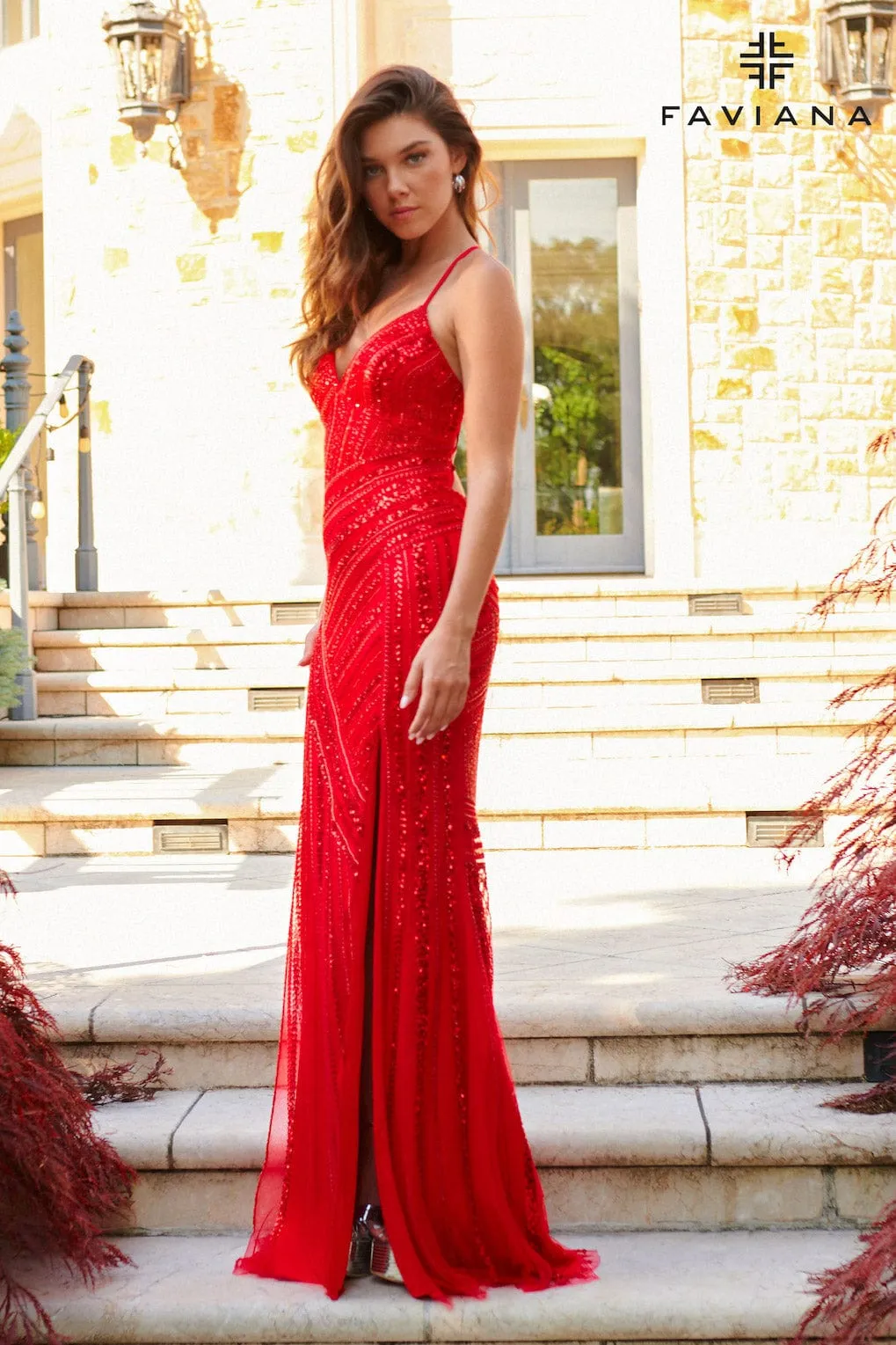 Faviana 11270 Beaded Slit Long Formal Fitted Prom Dress