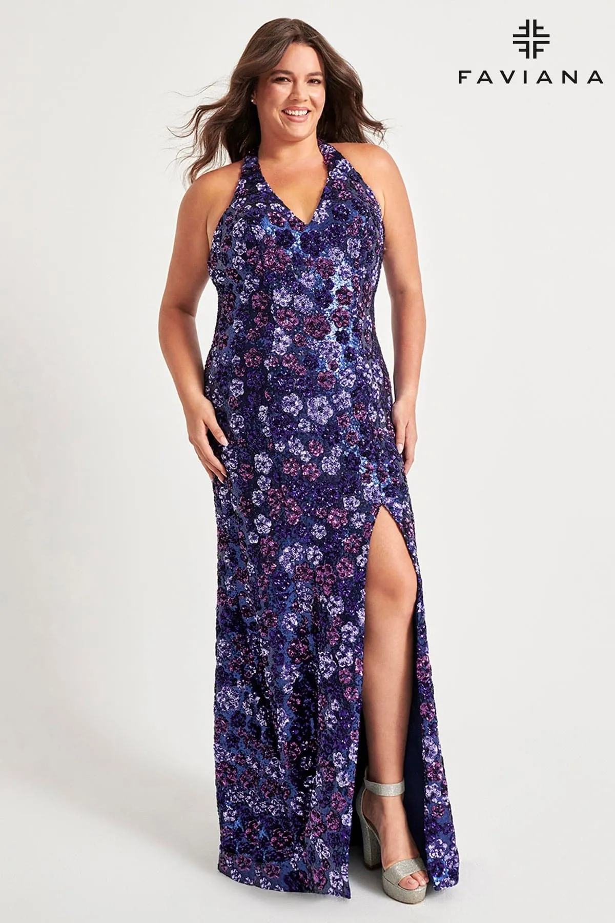 Faviana 9560 Plus Size Long Floral Formal Prom Sequin Dress