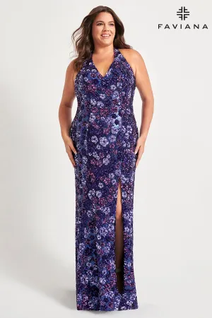 Faviana 9560 Plus Size Long Floral Formal Prom Sequin Dress