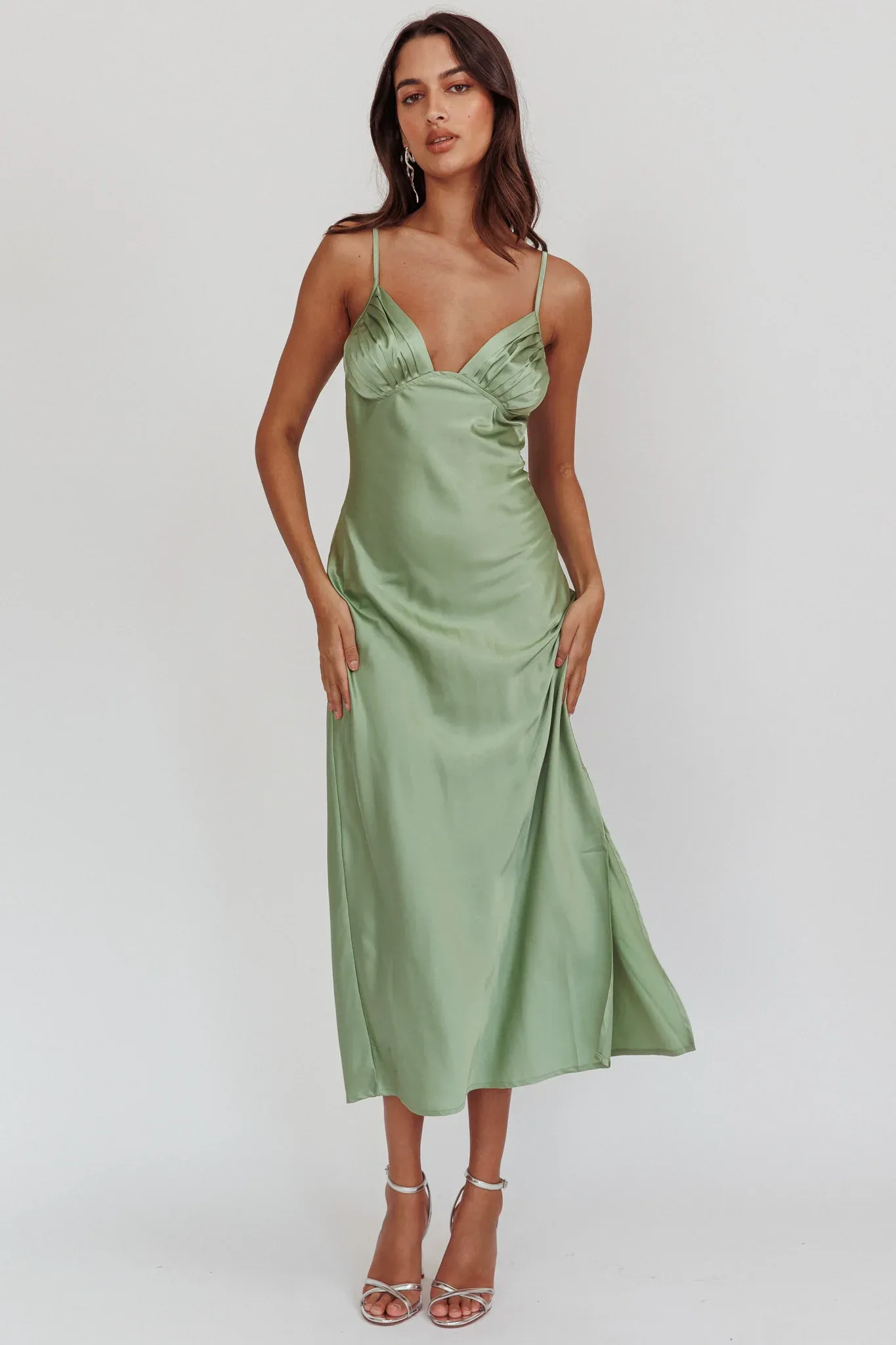 Felicity Pleat Bust Split Midi Dress Sage
