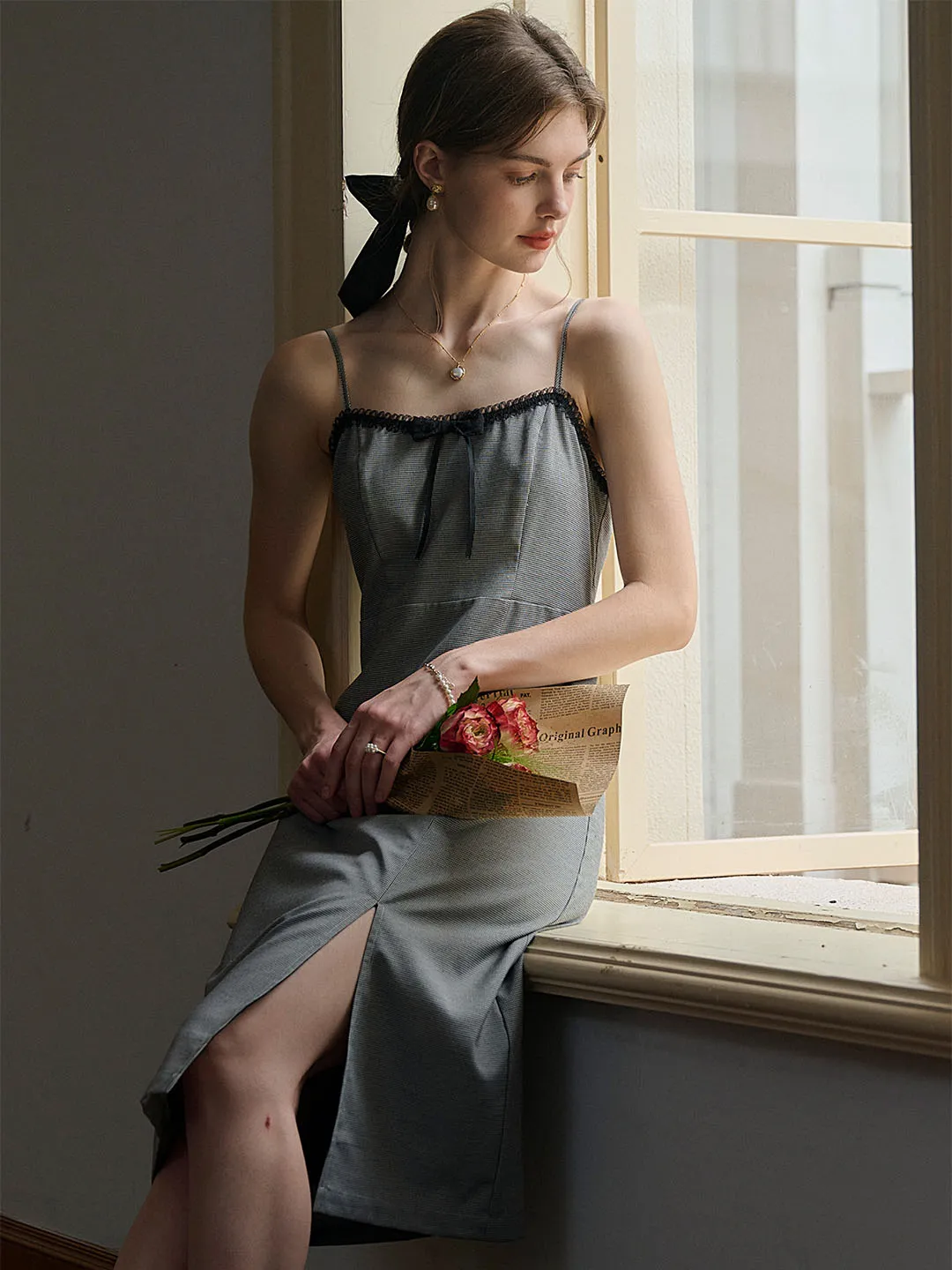 【Final Sale】Valeria Sweet Bow Houndstooth Slip Dress