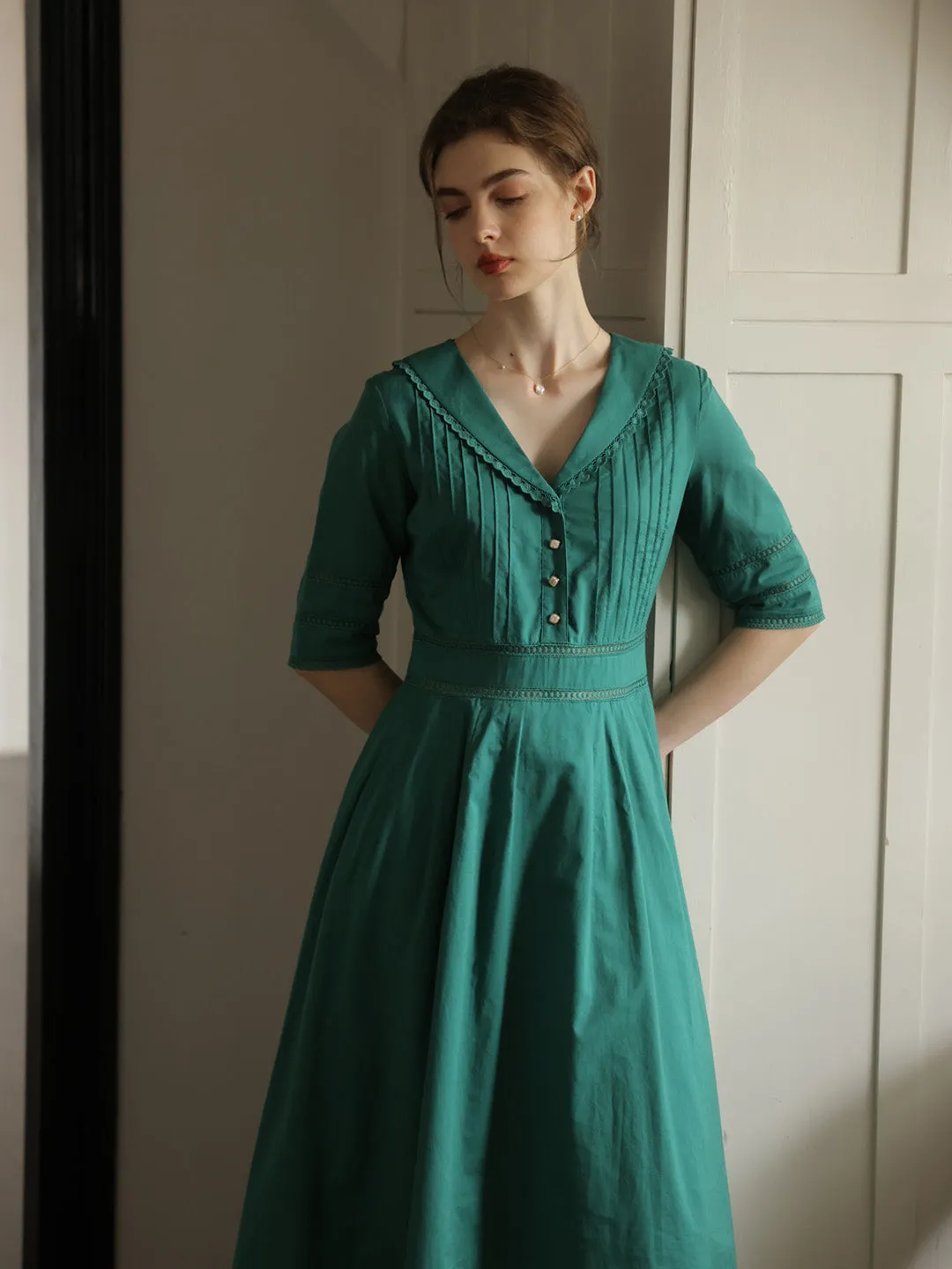 Fiona 100% Cotton Emerald Green Midi Dress