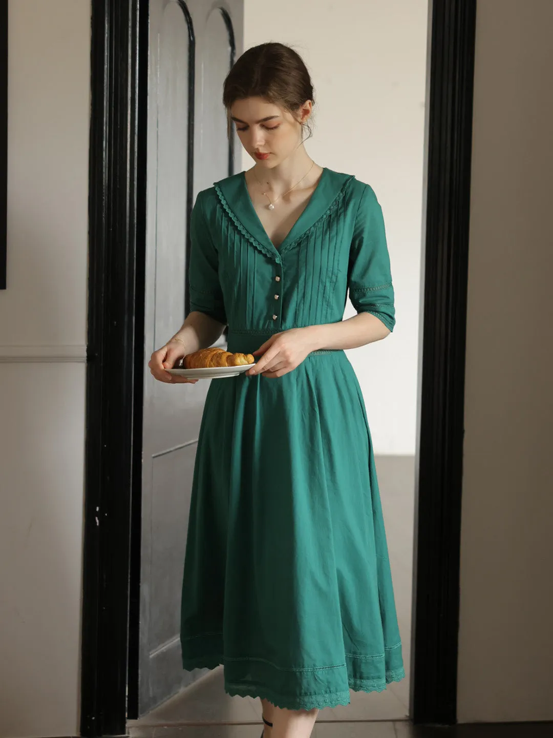 Fiona 100% Cotton Emerald Green Midi Dress