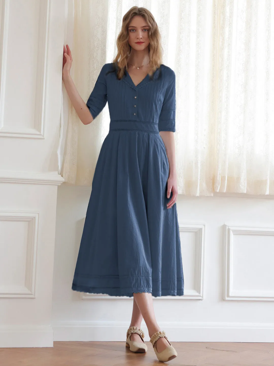 Fiona 100% Cotton Emerald Green Midi Dress