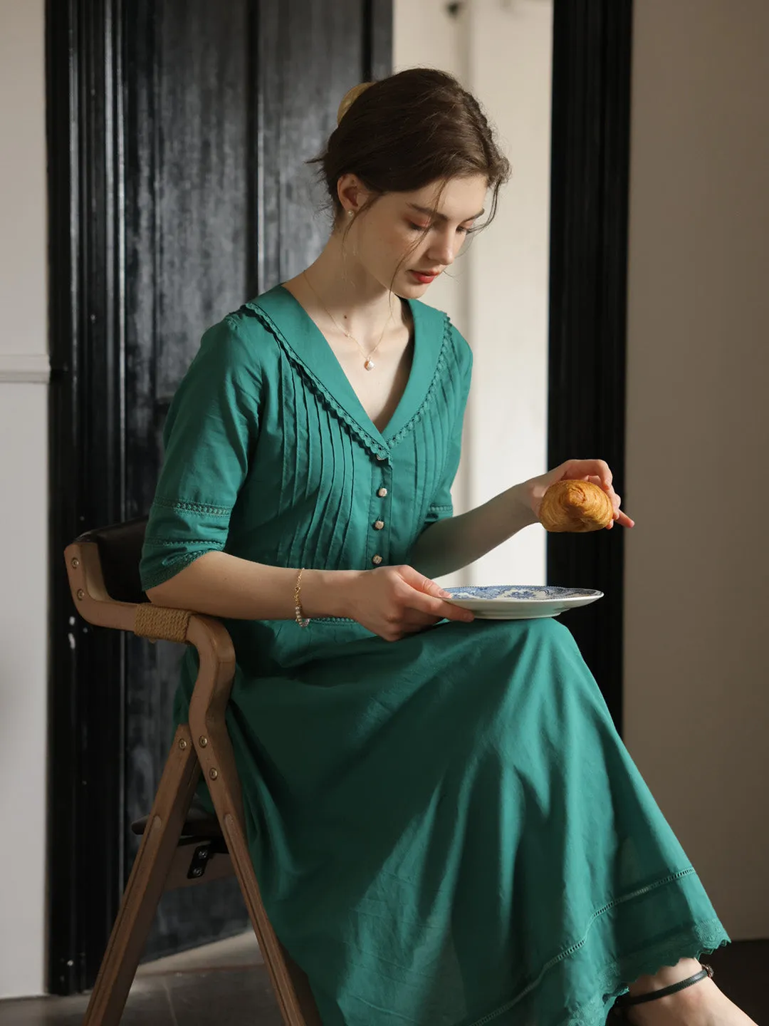 Fiona 100% Cotton Emerald Green Midi Dress