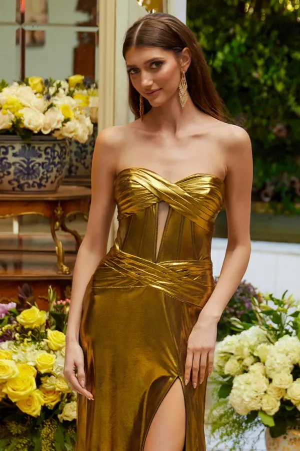 Fitted Prom Long Metallic Formal Dress