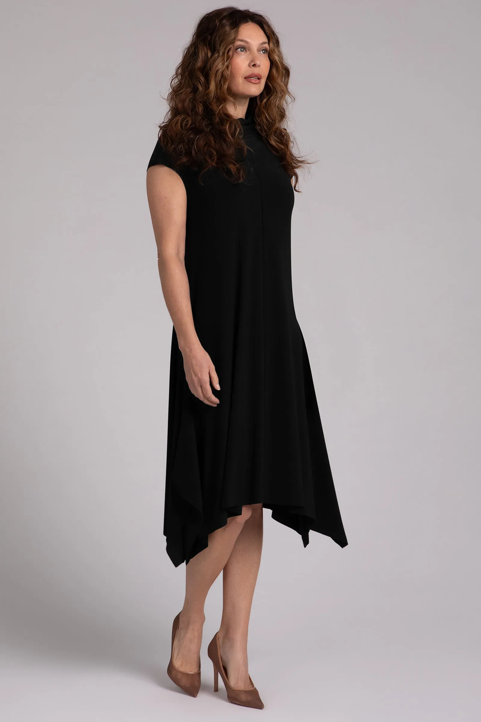 Flounce Funnel Neck Dress | Black