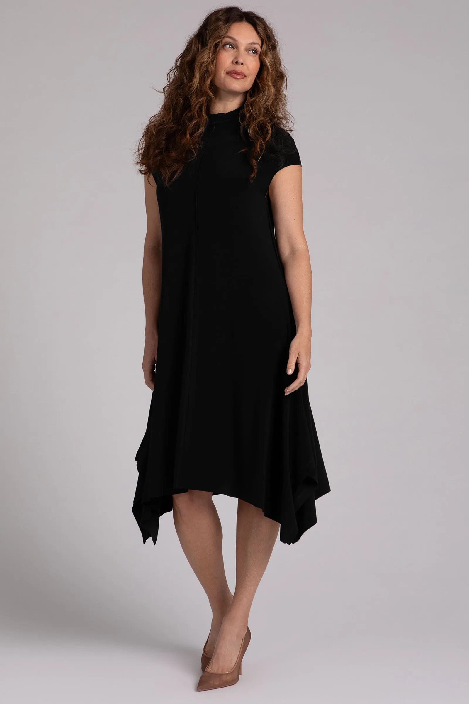 Flounce Funnel Neck Dress | Black