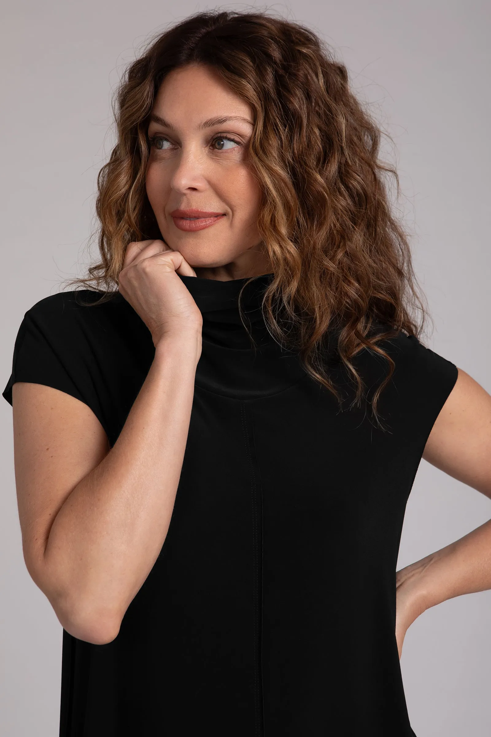 Flounce Funnel Neck Dress | Black