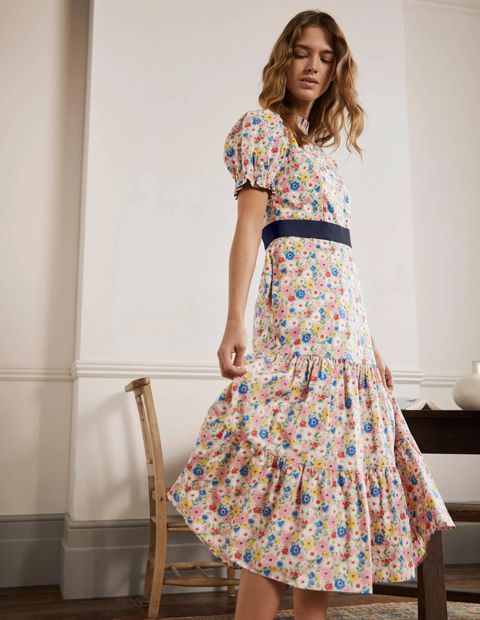 Frill Neck Tiered Midi Dress-Milkshake. Elegant Bloom