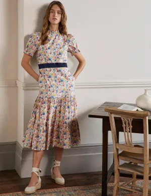 Frill Neck Tiered Midi Dress-Milkshake. Elegant Bloom