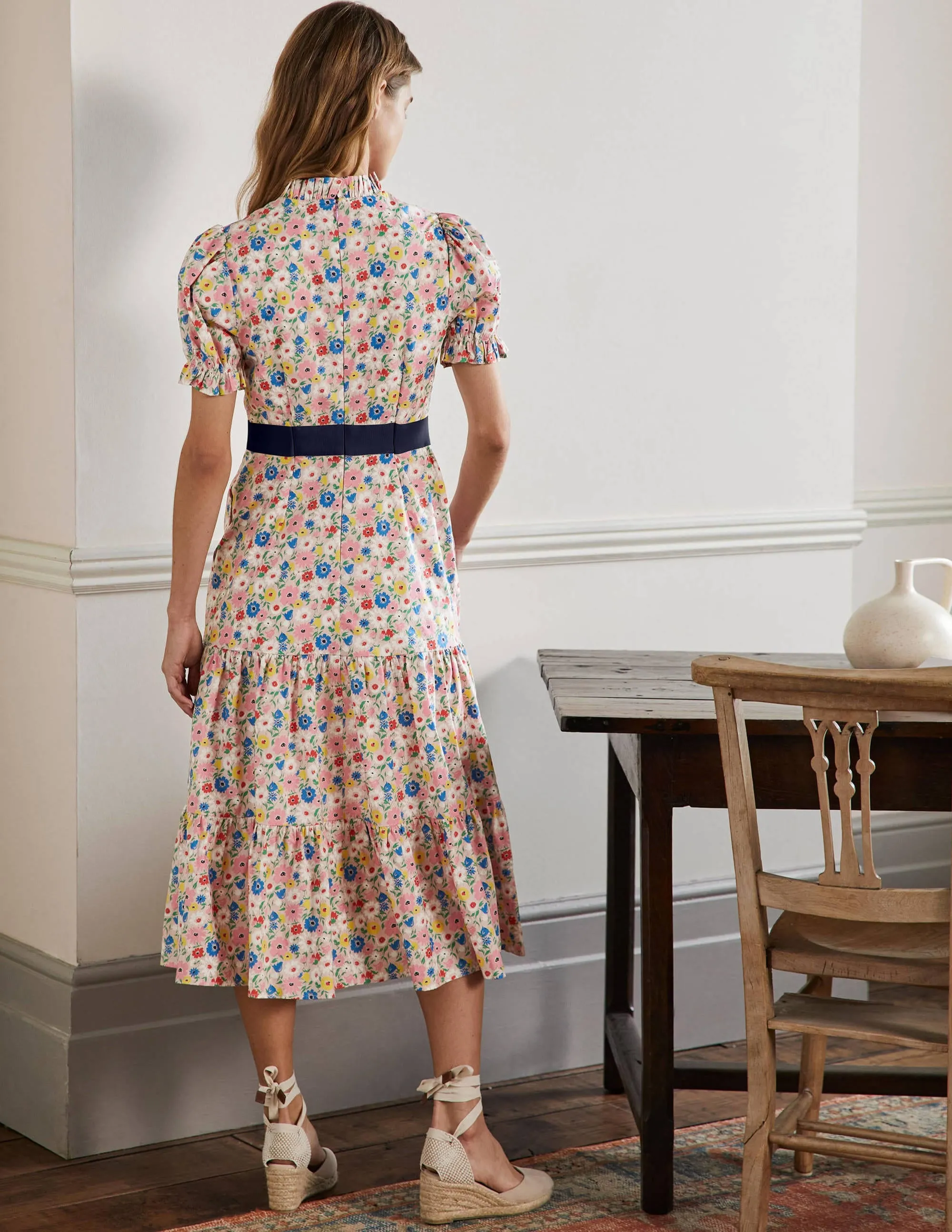 Frill Neck Tiered Midi Dress-Milkshake. Elegant Bloom