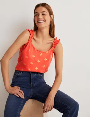 Frill Strap Jersey Top-Bright Papaya. Poppy Bloom