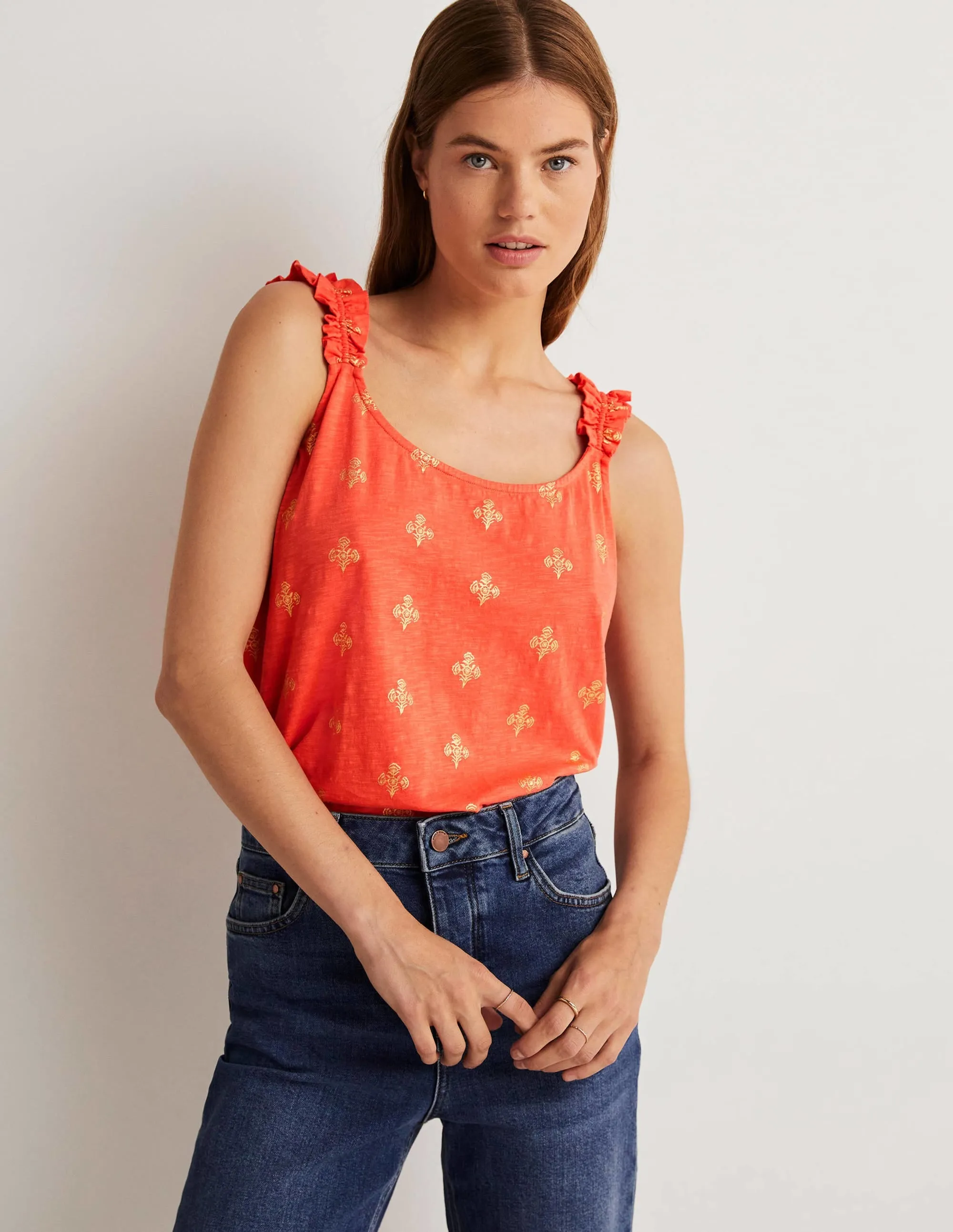 Frill Strap Jersey Top-Bright Papaya. Poppy Bloom