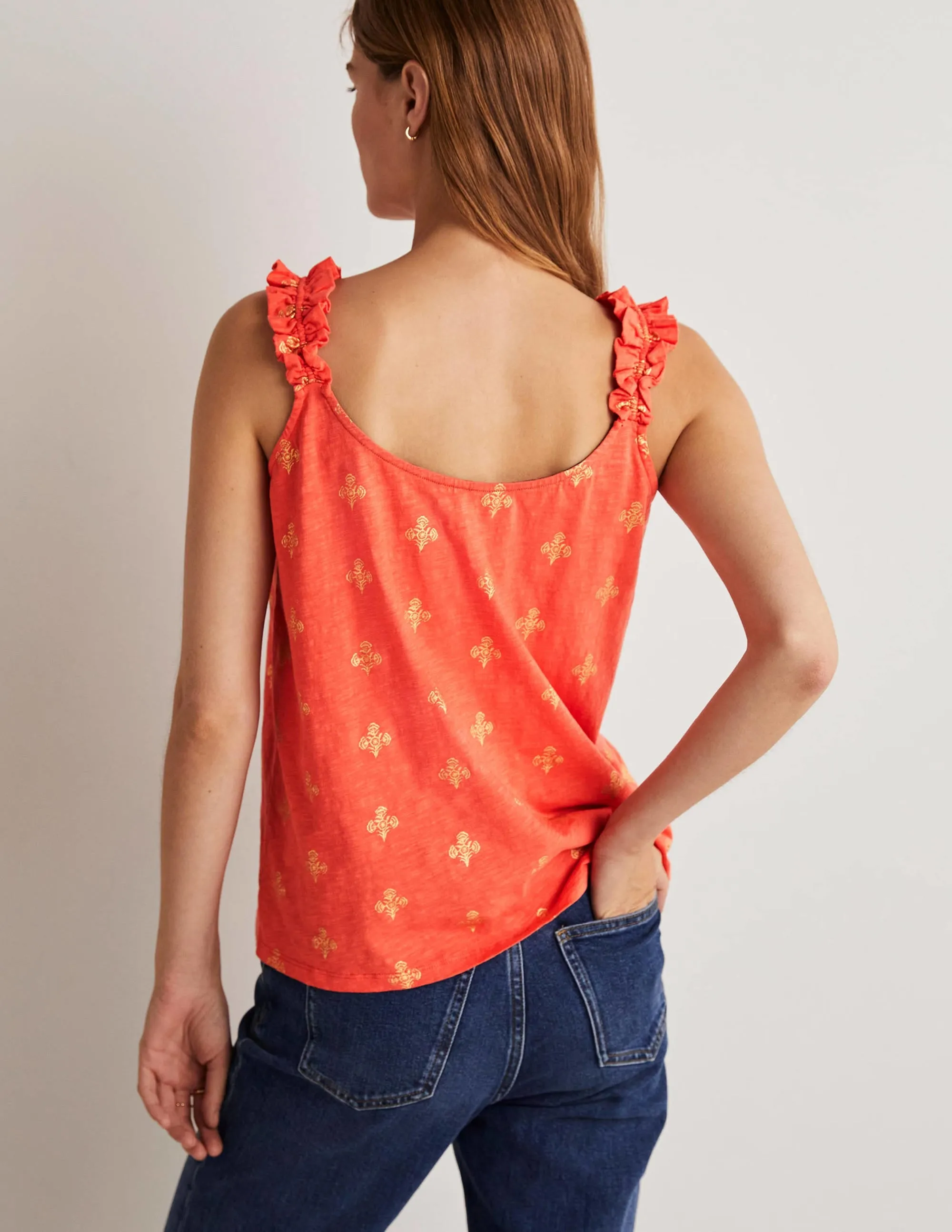 Frill Strap Jersey Top-Bright Papaya. Poppy Bloom