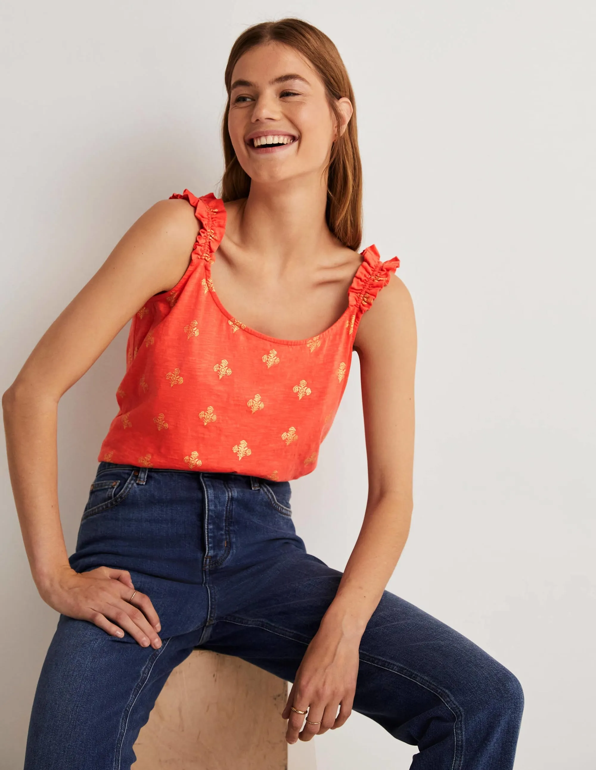 Frill Strap Jersey Top-Bright Papaya. Poppy Bloom