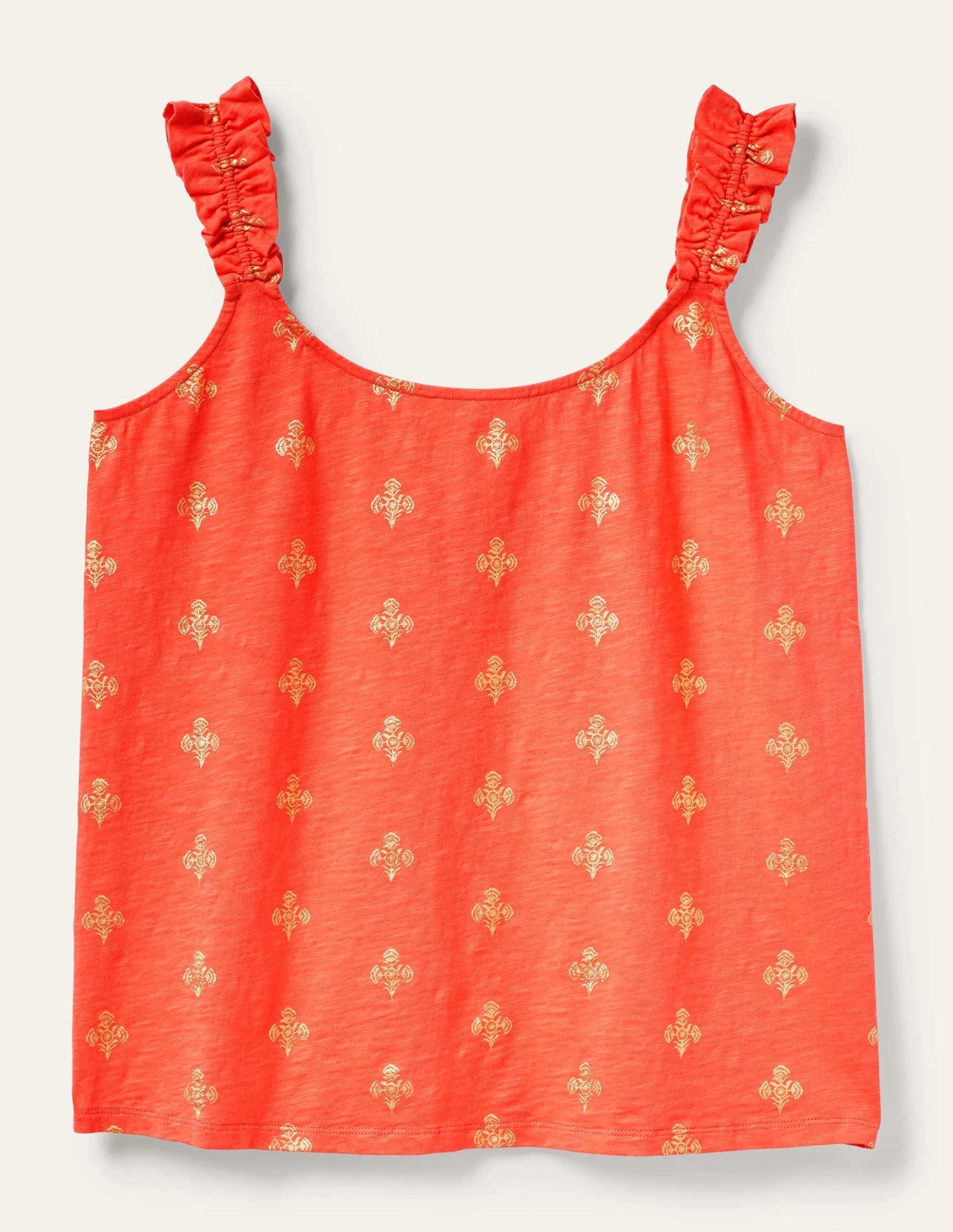 Frill Strap Jersey Top-Bright Papaya. Poppy Bloom