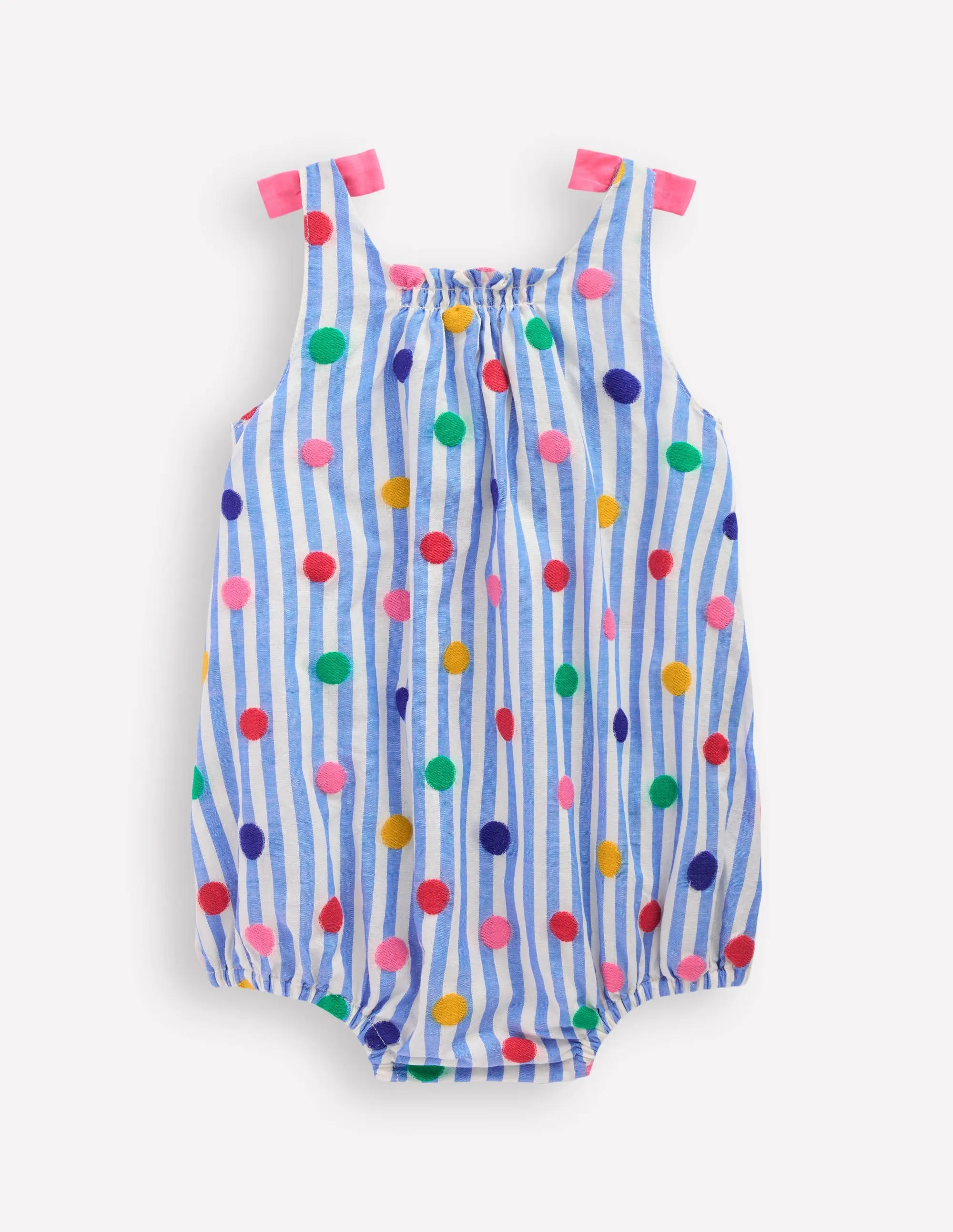 Girls Bubble Romper-Rainbow Spot Stripe