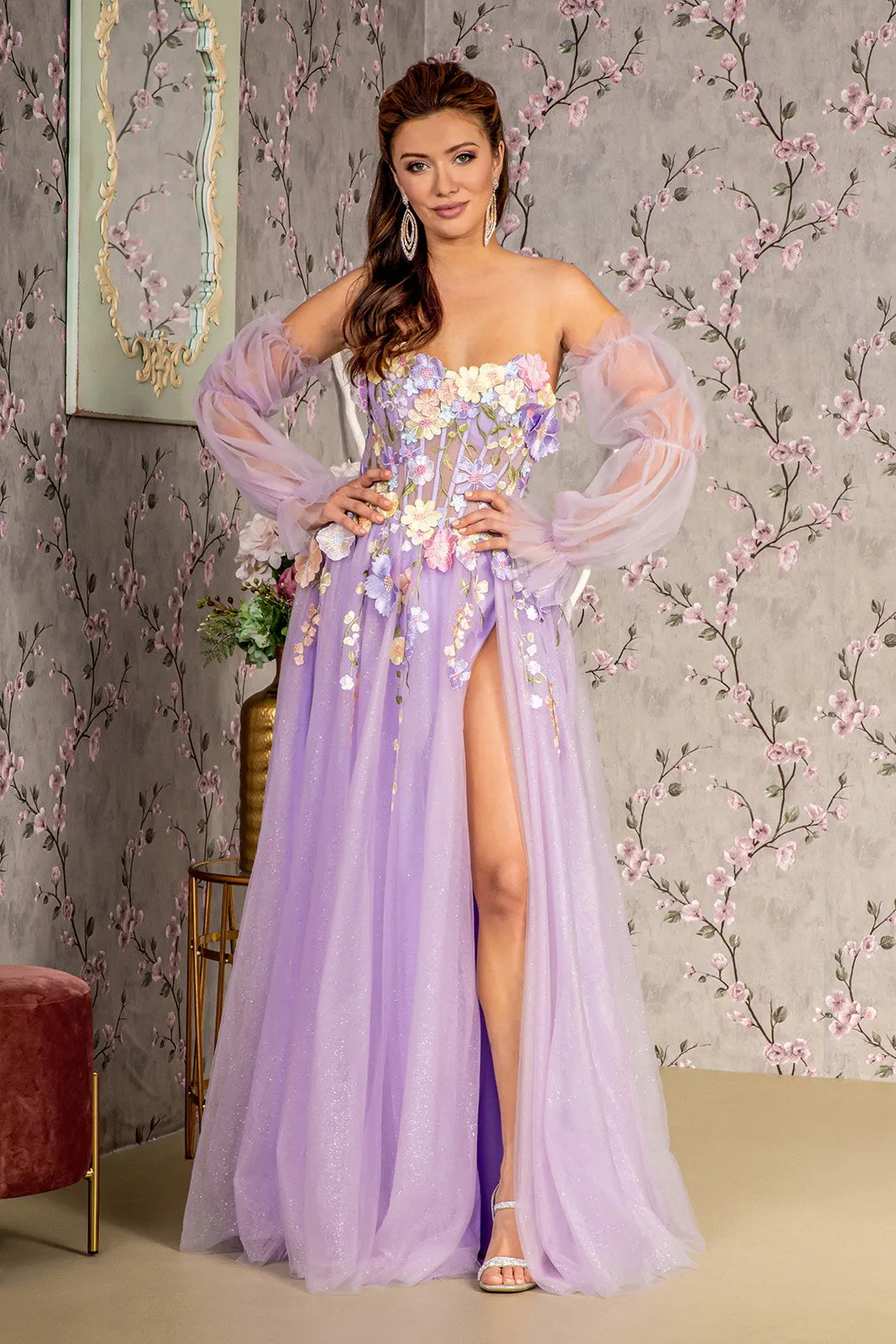Glitter Detachable Sleeves Formal Long Prom Dress