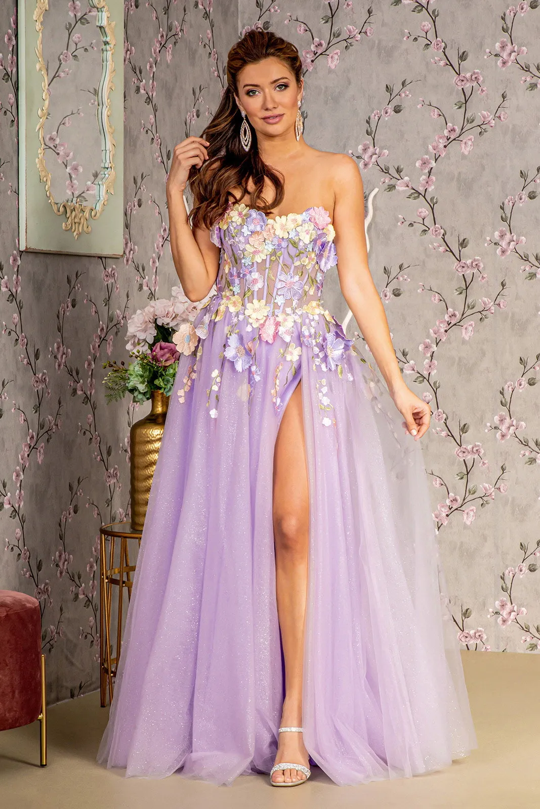 Glitter Detachable Sleeves Formal Long Prom Dress