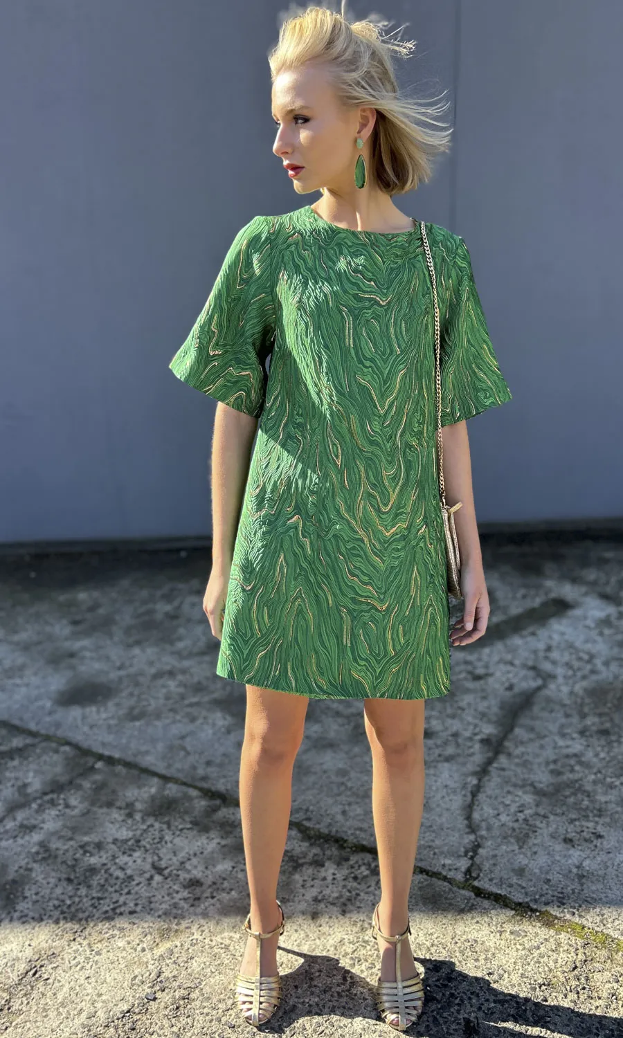 hoss  Brocade Phillipa Dress - Green/Gold Silk brocade