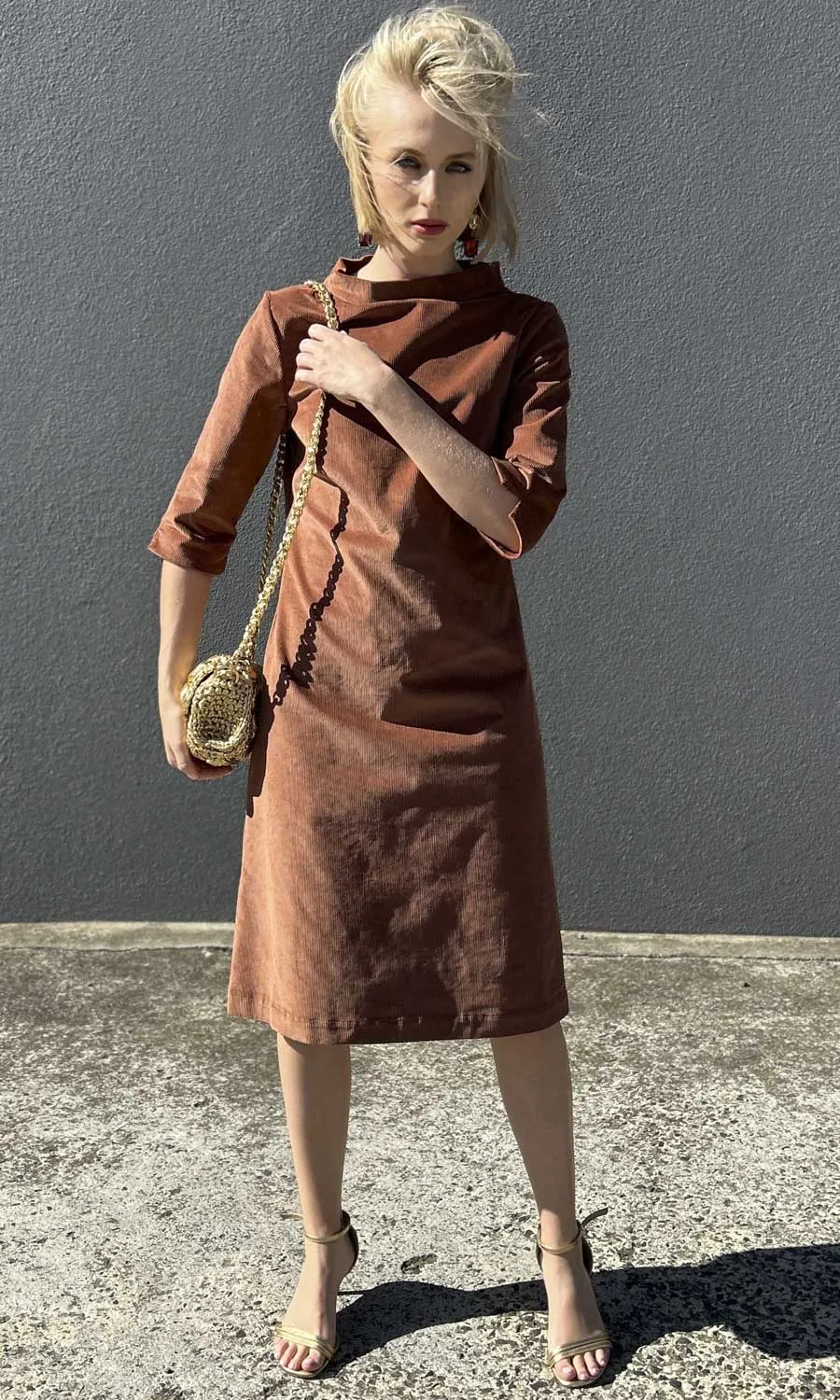 hoss Muse Dress - Dark Camel Velvet Cord