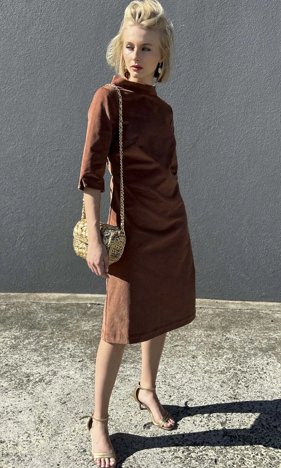 hoss Muse Dress - Dark Camel Velvet Cord
