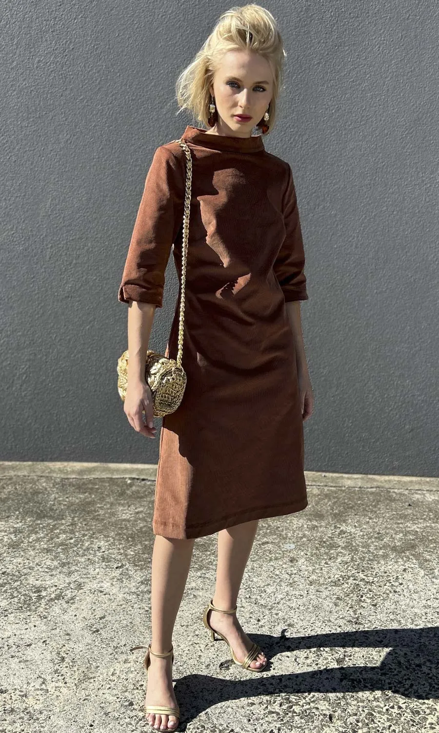 hoss Muse Dress - Dark Camel Velvet Cord