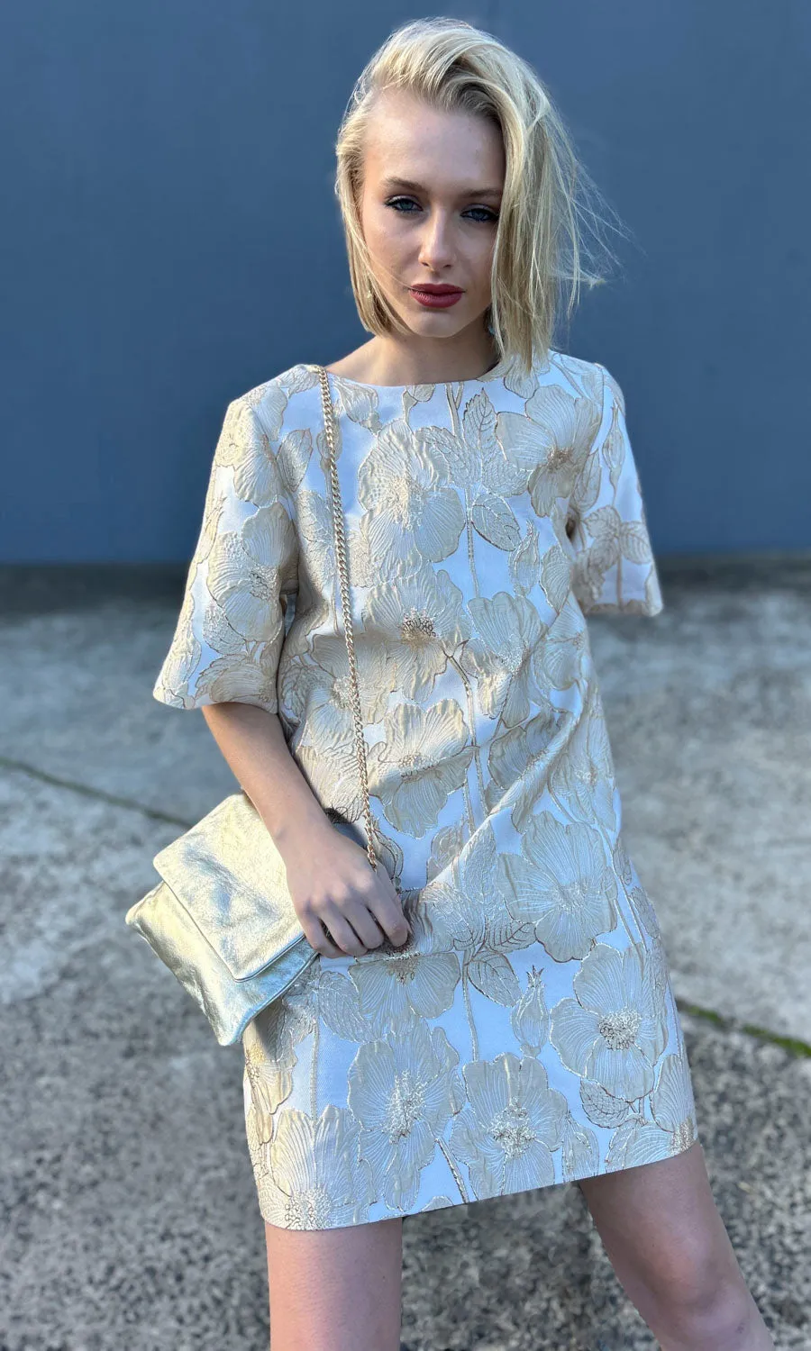 hoss Silk Gold Flower Brocade Phillipa Dress